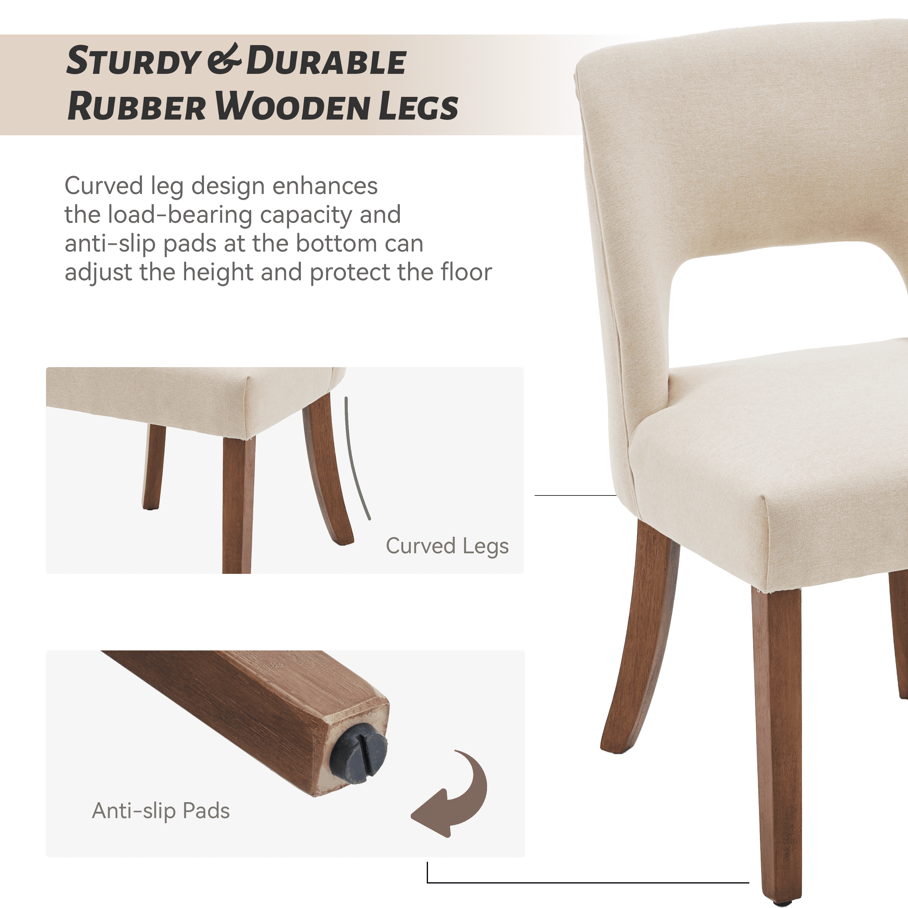 Vknow Furniture Modern Chenille Upholstered Dining Chairs Set of 2 with Cutout Back and Solid Wood Legs for Dining Room, Kitchen and Living Room,Beige
