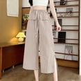 thumbnail image 2 of Linen Cotton Capris Women Wide Leg Drawstring Split Hem Elastic Waist Capri Pants Casual Loose Fit Summer Trousers with Pockets, 2 of 5