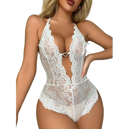 

Avamo Women Bodysuit Lace Babydoll Deep V Lingerie Teddy Nightwear Mini Club Sleepwear White M