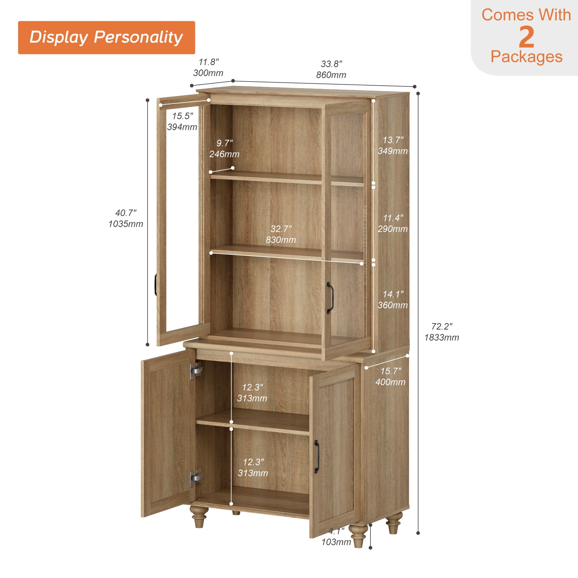 72.1"H × 33.9"W Large Farmhouse Wooden Bookcase with Glass Doors & Shelves, Storage Cabinet Bookcase for Living Room, Bedroom, Home Office & Kitchen, Oak