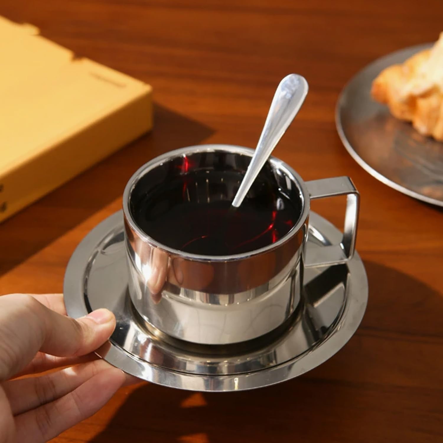 ABPETE Stainless Steel Coffee Cup Set, 200ml/7oz Insulated Coffee Cup Set Double Walled Mugs Milk Tea With Spoon Saucer for Coffee Latte Tea Milk