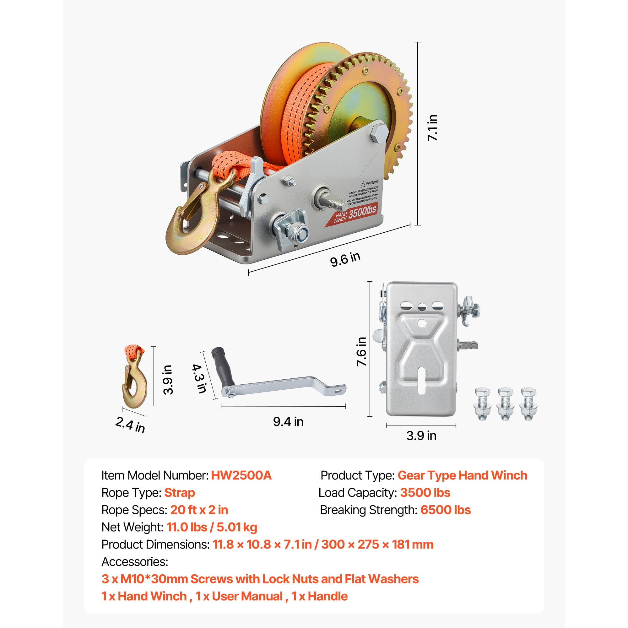 KFFKFF 3500 lbs Manual Boat Winch with 20ft Orange Polyester Strap, Two-Way Ratchet, Dual-Speed Option, and Anti-Slip Handle for Towing Boats, Trailers, and ATVs