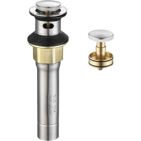 Brushed Nickel Pop-Up Sink Drain with Overflow, Anti-Clog Stainless Steel Vanity Vessel Drain Stopper with Built-In Strainer Baske