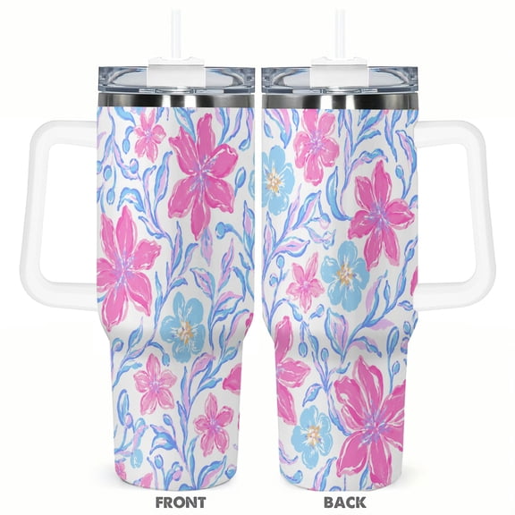 Watercolor Pink Blue Floral 40oz Car Tumbler Insulated Travel Cup with Handle Straw Stainless Steel Vacuum Coffee Cup Gift for Her
