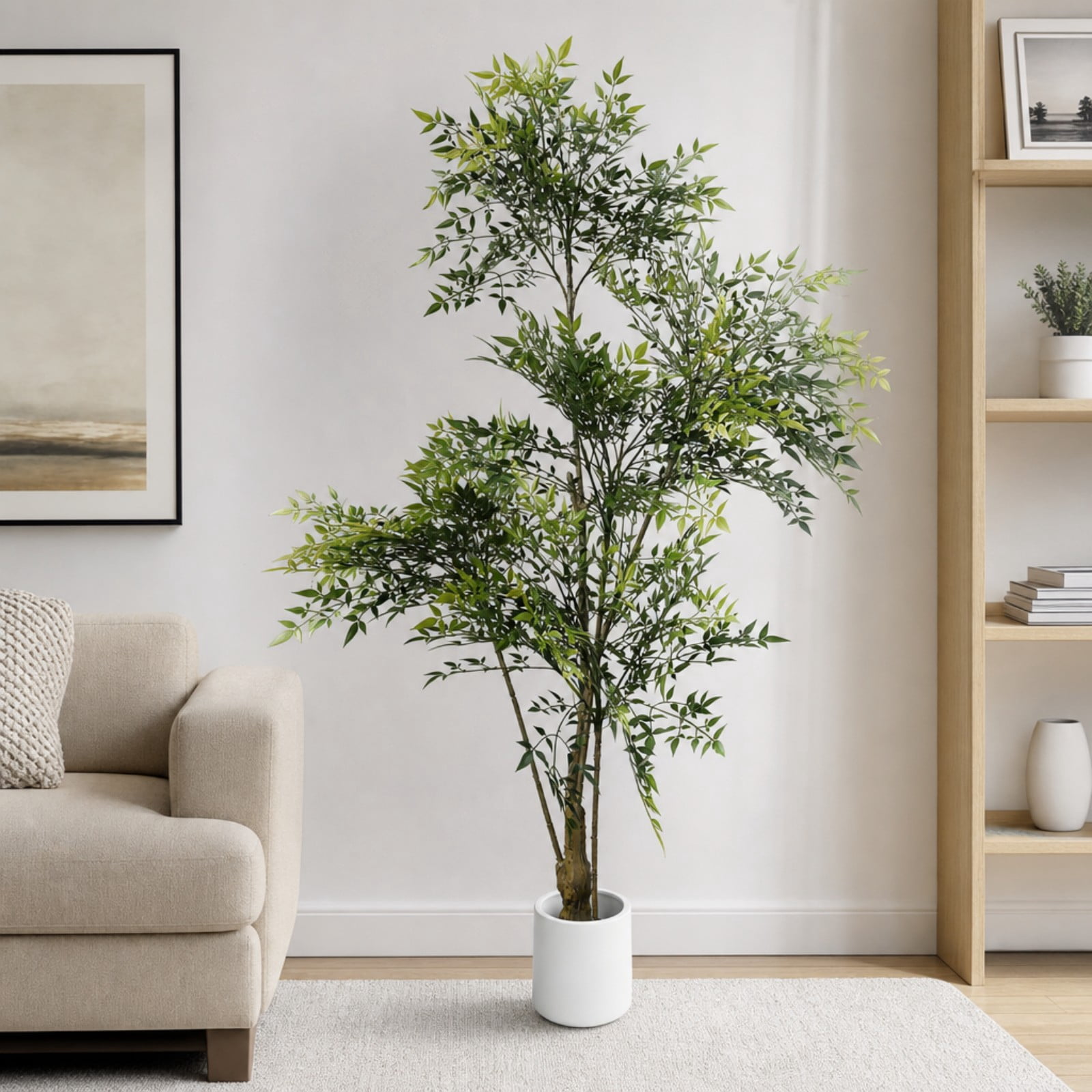 BEAUTYPEAK 5.9FT Artificial Plant Fake Indoor Green Nandina Plant Decorative Outdoor Greenery in White Pot