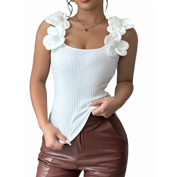 Women'S 3D Floral Fitted Tank Top Pearl Crew Neck Sleeveless Tops White S