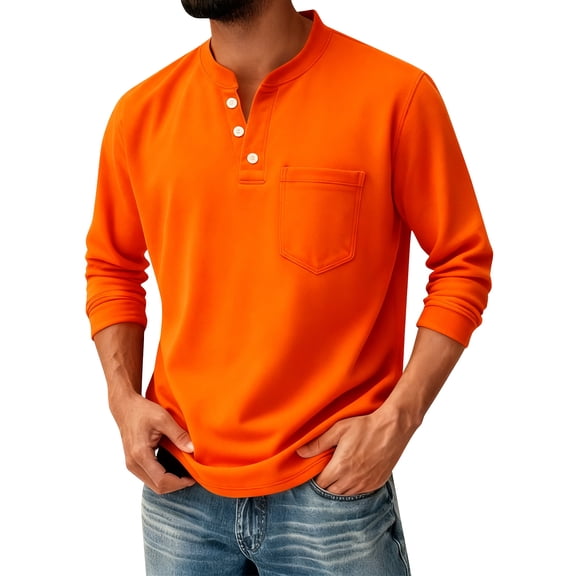 Garbnen Long Sleeve Henley Shirts for Men Casual Fashion Pullover 3-Button Spring Top For Man with Pocket Orange L