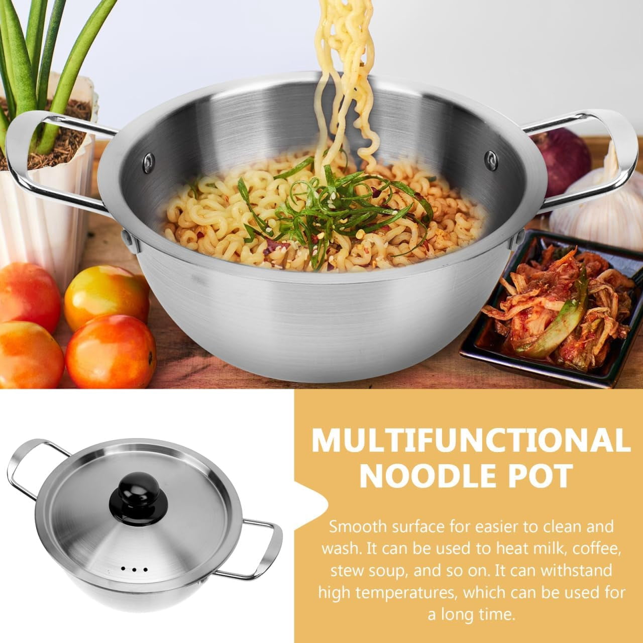 ABPETE Noodle Pot with Lid, Stainless Steel Ramen Cooker for Fast Heating, Double Handle Korean Instant Noodle Pot for Kitchen Use, Lightweight and Portable