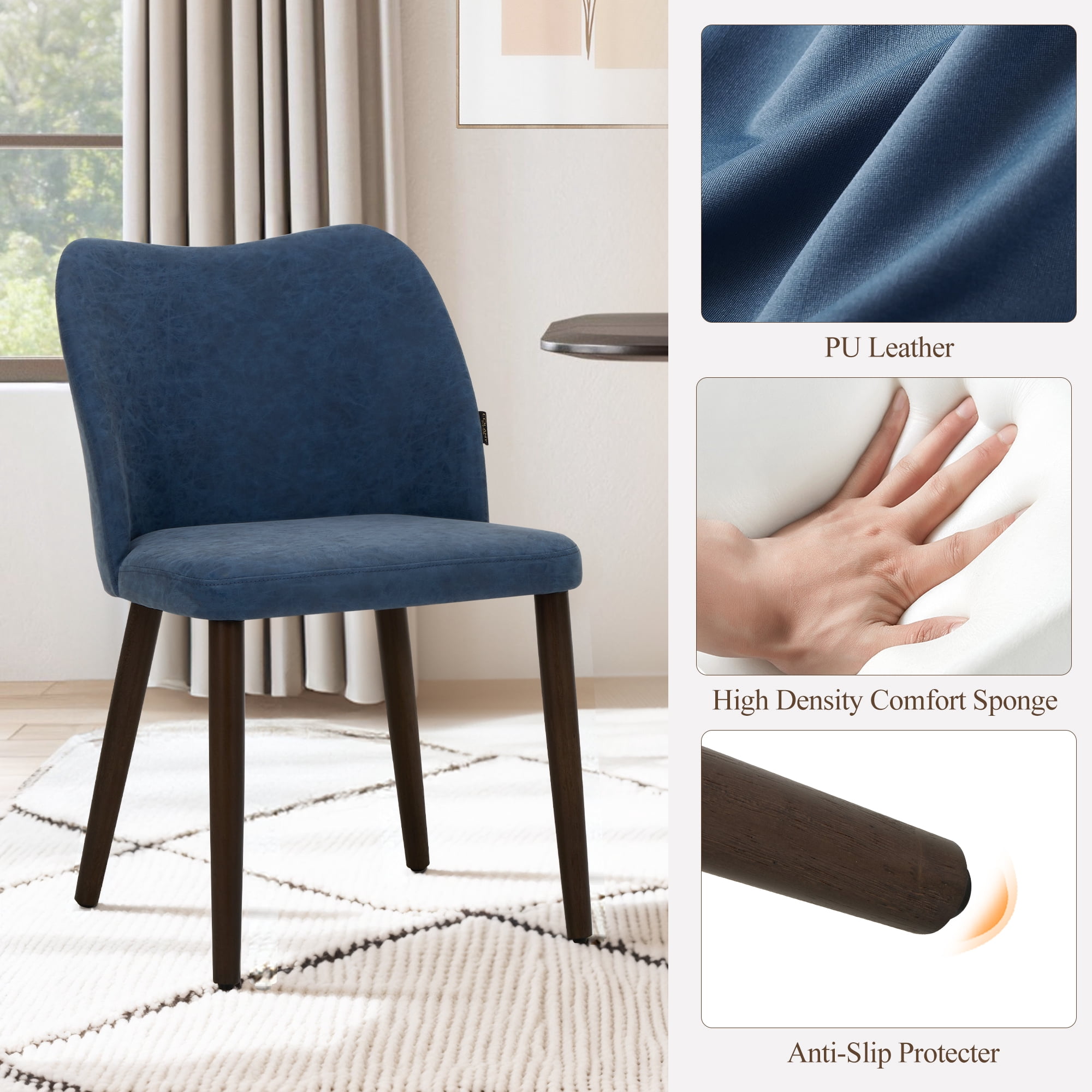 AFO PU Modern Dining Chairs with Wooden Legs, Upholstered Kitchen Side Chairs for Dining Room, Restaurant and Café, Set of 4, Blue