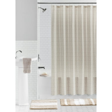 Mainstays 15-Piece Ikat Taupe Bathroom Set โ Boho Shower Curtain, Bath Rugs & Hooks, Geometric Print