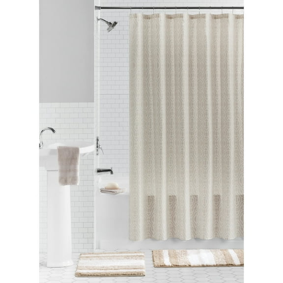 Mainstays 15-Piece Ikat Taupe Bathroom Set – Boho Shower Curtain, Bath Rugs & Hooks, Geometric Print