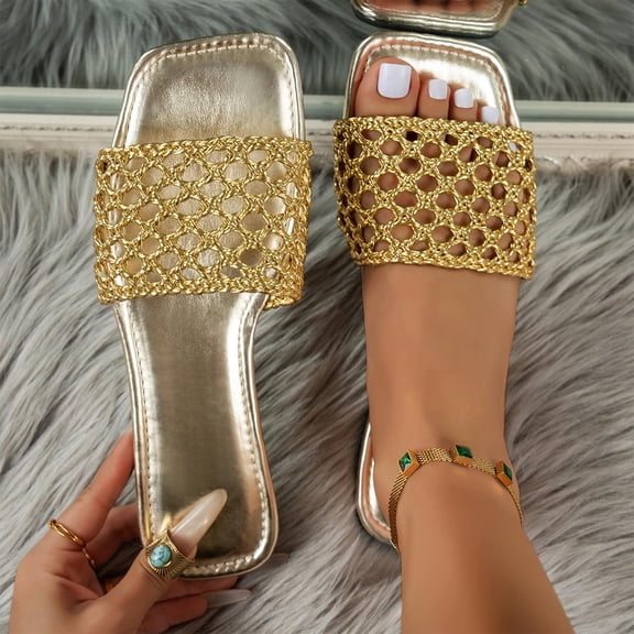 Miluxas Leather Mesh Flat Sandals Open Toe Slip On Slides Sandals Gold 5.5(36)