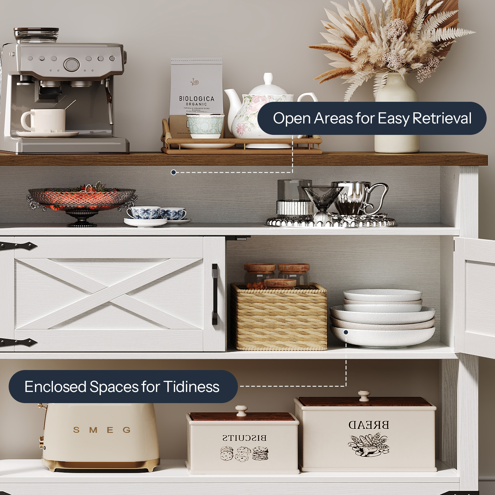 Farmhouse Entryway Table with Storage, 47.2" Long Console Table for Entryway, White Sofa Table with Doors and Cabinets, Narrow Sofa Table Behind Couch, for Hallway, Foyer, White and Walnut WH12XG01