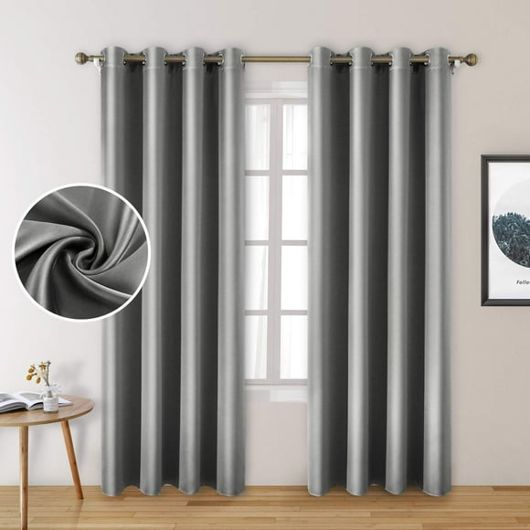 HOMEIDEAS 2 Panels Silver Grey Faux Silk Curtains Gray Blackout Curtains for Bedroom 52 X 84 Inch Room Darkening Satin Drapes/Curtains, Thermal Insulated Blackout Window Curtains for Li