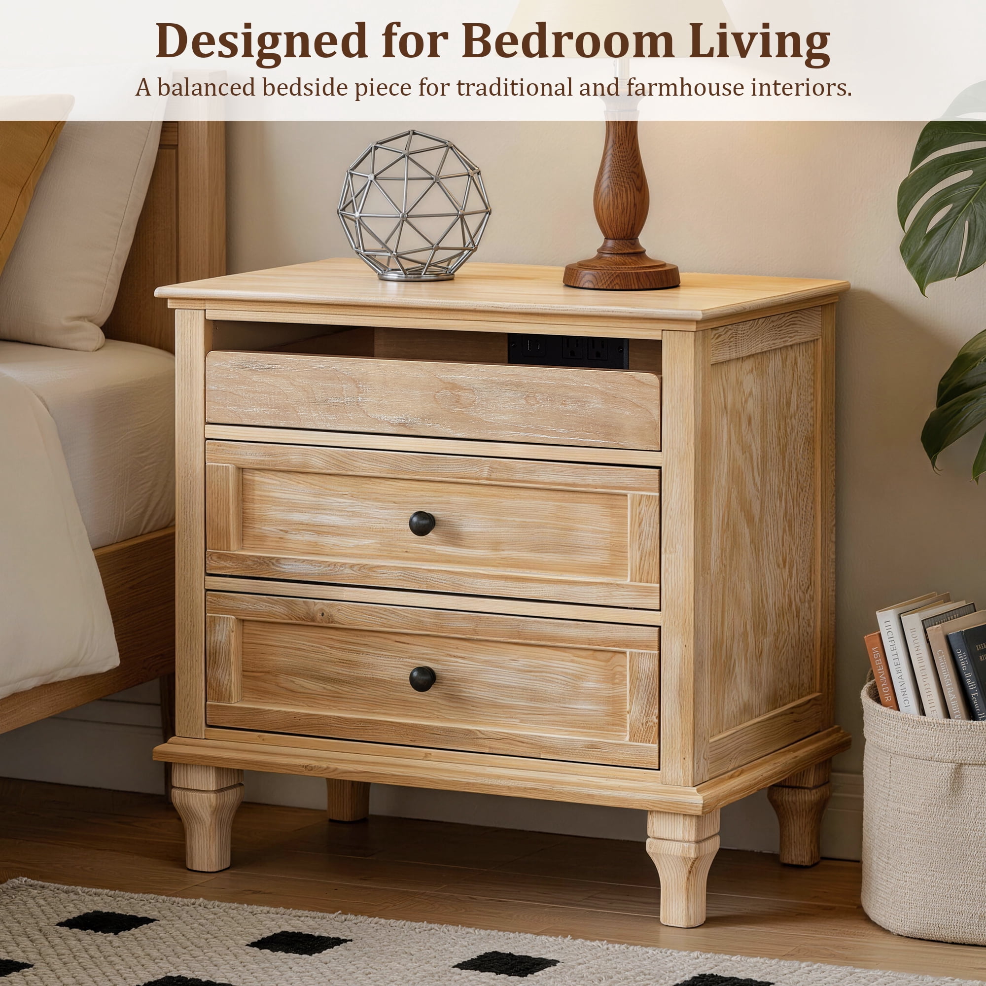 28-Inch Nightstand with Charging Station and 3 Drawers, Farmhouse Wood Bedside Table with USB and Type-C Ports, Natural