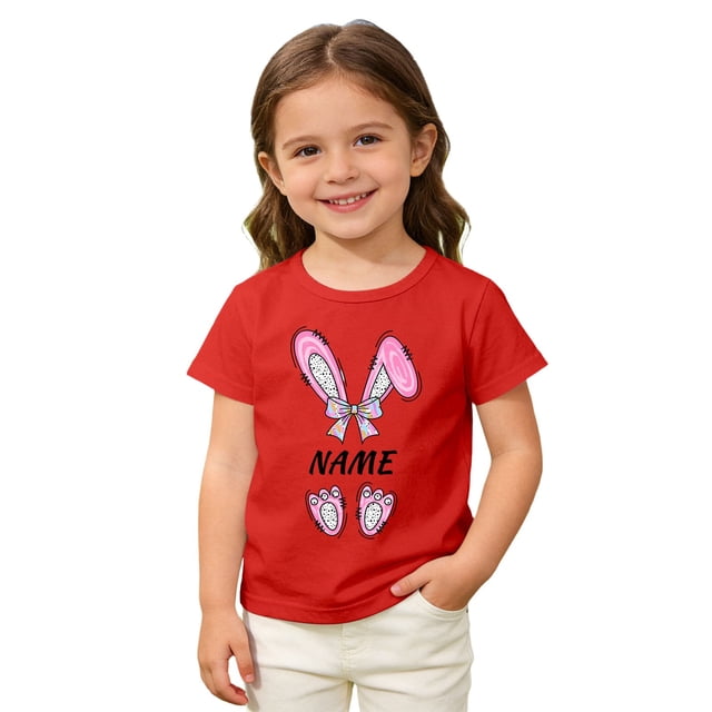AWZXDE Girls Tops Whimsical Easter Bunny Print Tee For Kids Casual Short Sleeve Top With Adorable Cartoon Design 2-14Y