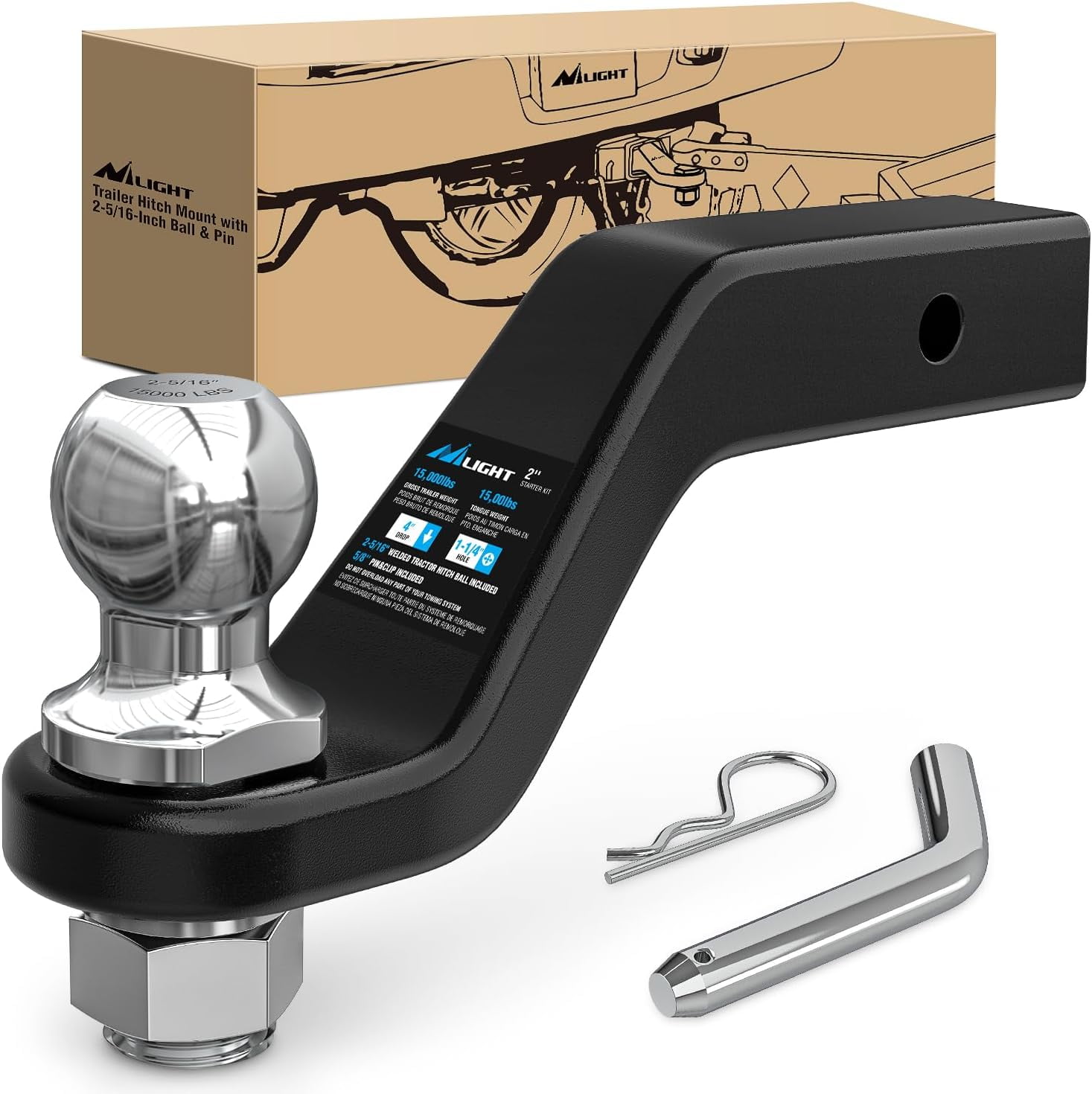 Hitch Bar Light Nilight 2" Drop Trailer Hitch Mount - 5,000 Lbs Capacity, 1-7/8" Ball Included, 2-Year Warranty 1-7/8 Inch Tow Ball