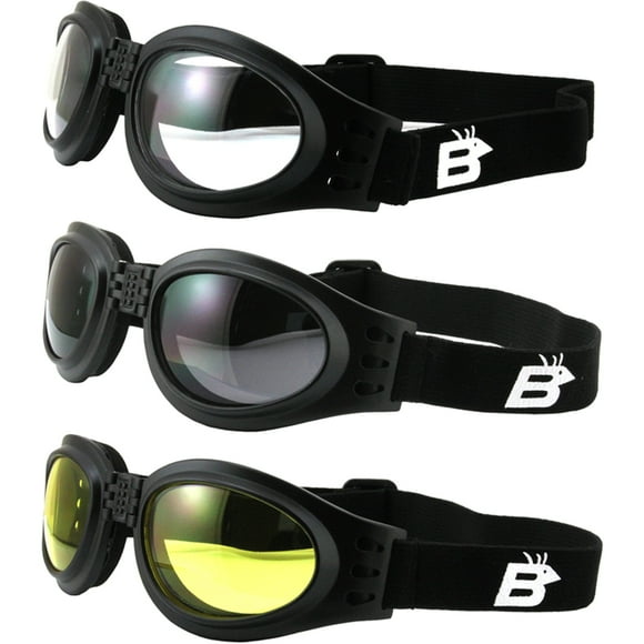3 Pairs of Birdz Eyewear Parrot Black Padded Motorcycle Goggles Clear Smoke & Yellow Lenses