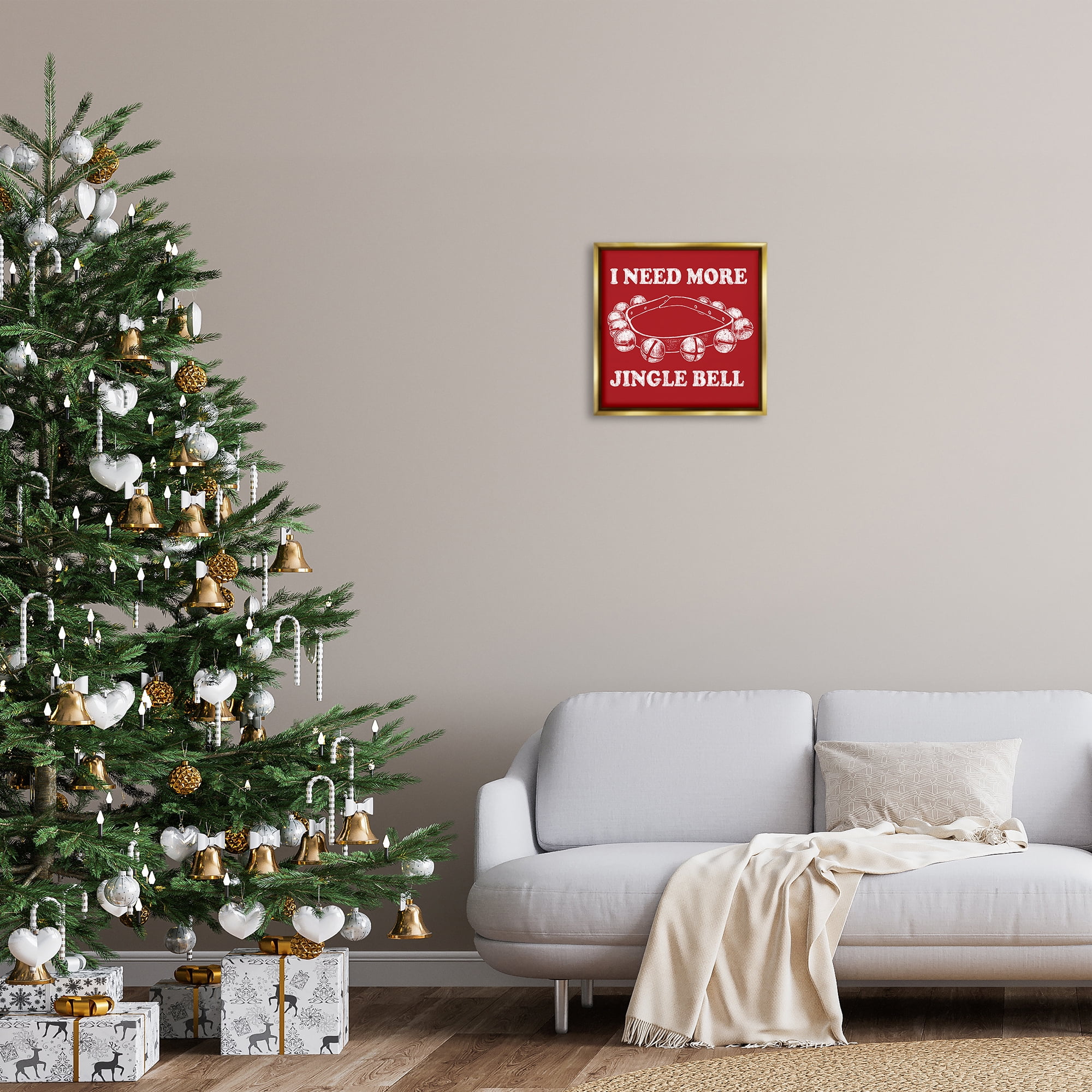 Stupell Industries Need More Jingle Bell Holiday Painting Gold Floater Framed Canvas Art Prints Wall Art, 18 x 18