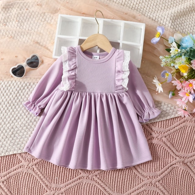 Toddler Girls Dress Winter Long Sleeve Ruffles Ribbed Lace Solid Color Dress Christmas Girls Dresses Size 6 Long Sleeve Girls Dresses Size 10-12 Fall Winter Christmas Girls Dresses 5T-6T Girls Dresses