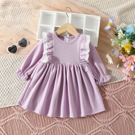 

Toddler Girls Casual Dresses Autumn Winter Long Sleeve Ruffles Ribbed Lace Solid Color Princess Dress Activewear