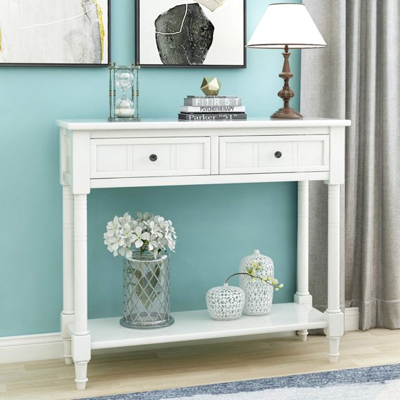 P PURLOVE Console Table Sideboard Wooden Sofa Table with 2 Drawers and Bottom Shelf for Bedroom (White)
