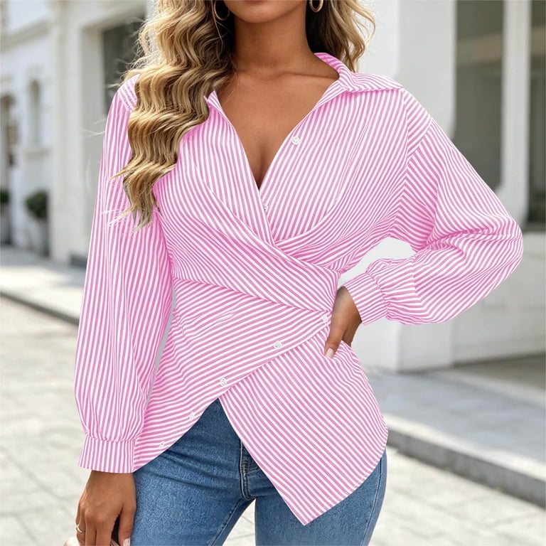 トップス yvng YUGYXL Stripes Cross V Neck Wrap Blouse for Women Fashion Slim Fit