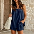 thumbnail image 2 of OOOUM Women 2 Piece Matching Outfits Strapless Smocked Top Elastic Waist Shorts Set Light Textured Woven Fabric Solid Color Casual Summer Clothing Set Navy M, 2 of 5