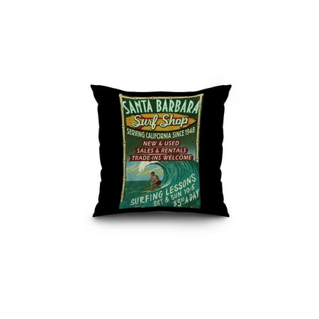 California Vintage Surf Sign - Santa Barbara, California - Surf Shop Vintage Sign - Lantern Press Artwork (16x16 Spun Polyester Pillow, Black Border)