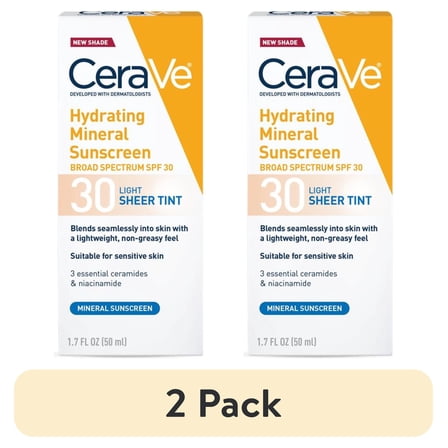 (2 pack) CeraVe Tinted Hydrating Mineral Sunscreen Lotion SPF 30 for Face with Sheer Tint