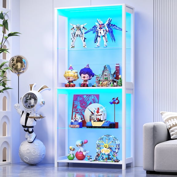 MIIFUNY 4-Tier Glass Display Cabinet with LED Lights, Removable Shelves, Curio Cabinet with Open Shelf for Collectibles, White