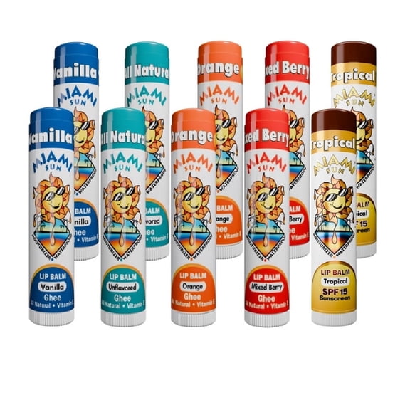 Miami Sun Lip Balm Variety Pack – Natural Lip Balms with Ghee & Tropical SPF15 Sunscreen with Coconut Oil – Hydrating & Moisturizing Lip Care (10 pcs)
