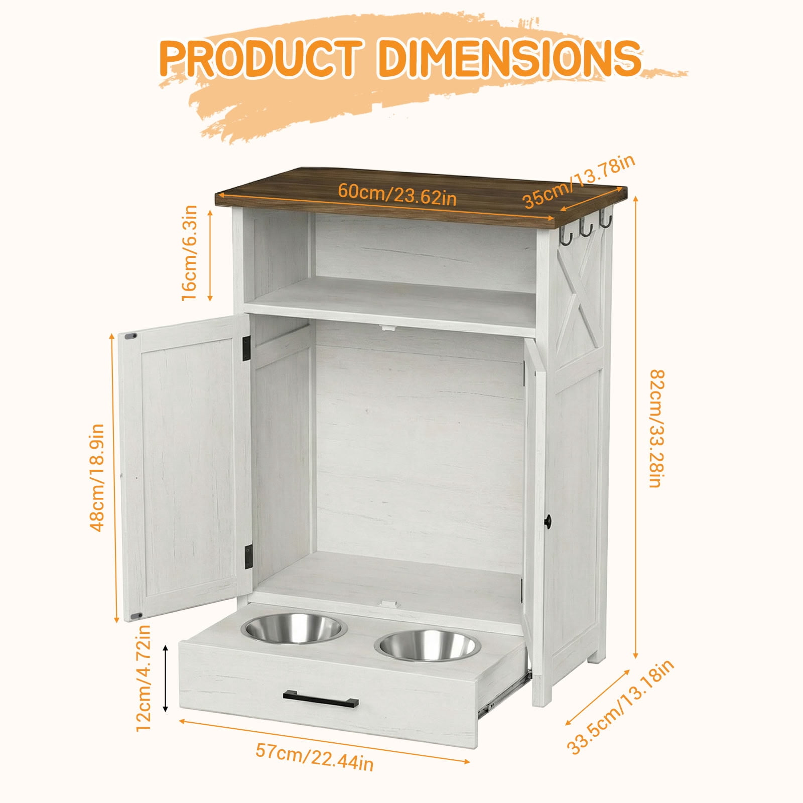MAYEERTY Dog Feeding Station Cabinet with Elevated Bowls, Farmhouse Pet Feeder Station with Hidden Pull-Out Drawer, for Pet Supplies