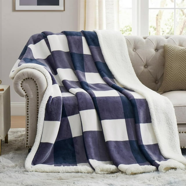 Sherpa Blanket Fleece Throw Blanket Full Queen Plaid Thick Bed Blanket Soft Warm Cozy Blue Checkered Throw Blanket * 50"x60"