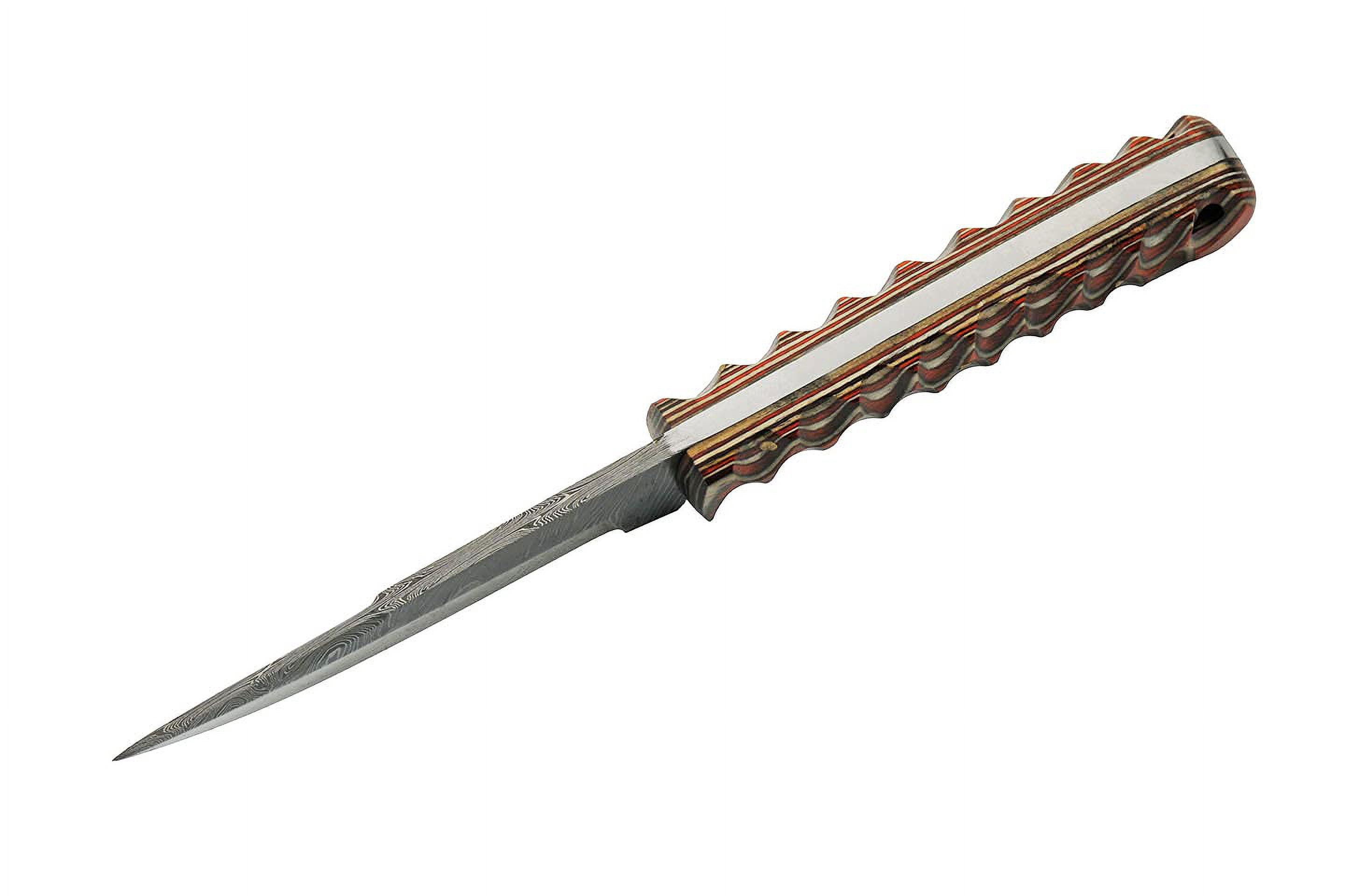 SZCO Supplies 8" Damascus Steel Fixed Blade Outdoor Knife with Twisted Orange Wood Handle and Leather Sheath
