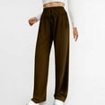 thumbnail image 4 of Olyvenn Women Fashion Textured Pants Wide Leg Casual Palazzo Trousers Drawstring High Waist Lounge Beach Pants with Pockets Brown XL, 4 of 9