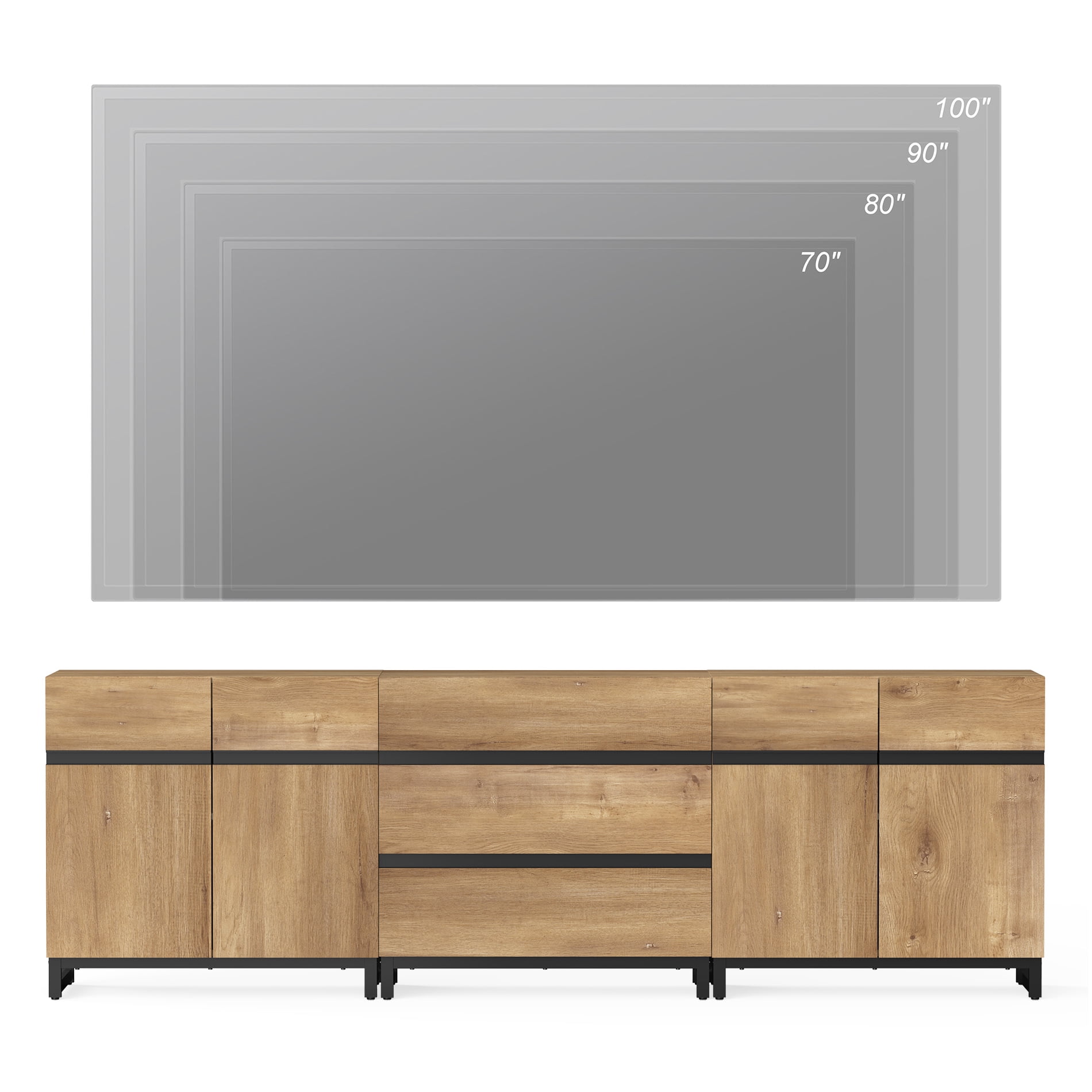 WAMPAT Modern TV Stand for TVs up to 100 inch, 3 in 1 TV Console with Adjustable Shelves and 3 Drawers, Media Console for Living Room,Bedroom, Oak