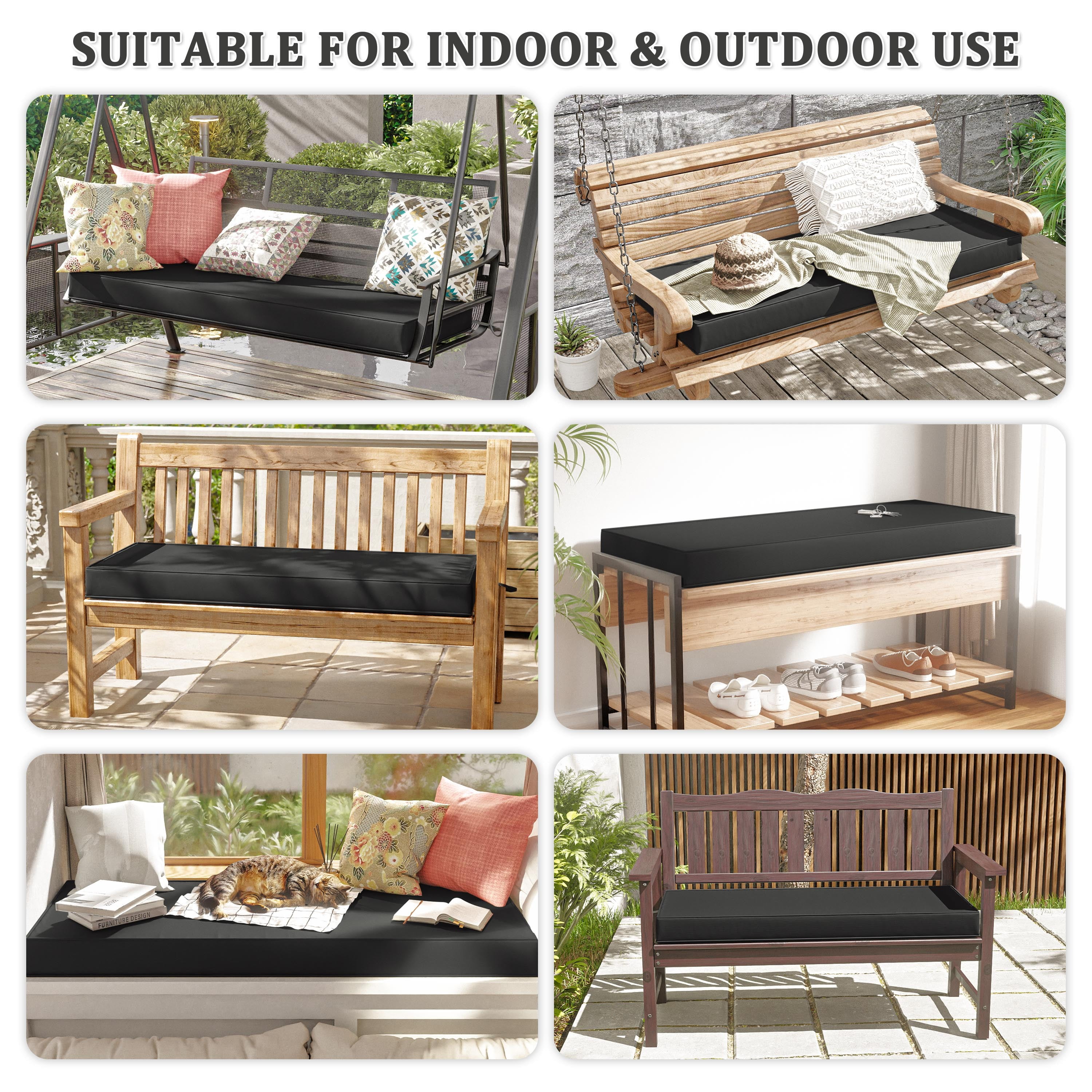 Kimunuk Patio Bench Cushion, 45" x 18" x 3.5" Waterproof Swing Cushion with Ties for Patio Porch Furniture, Black