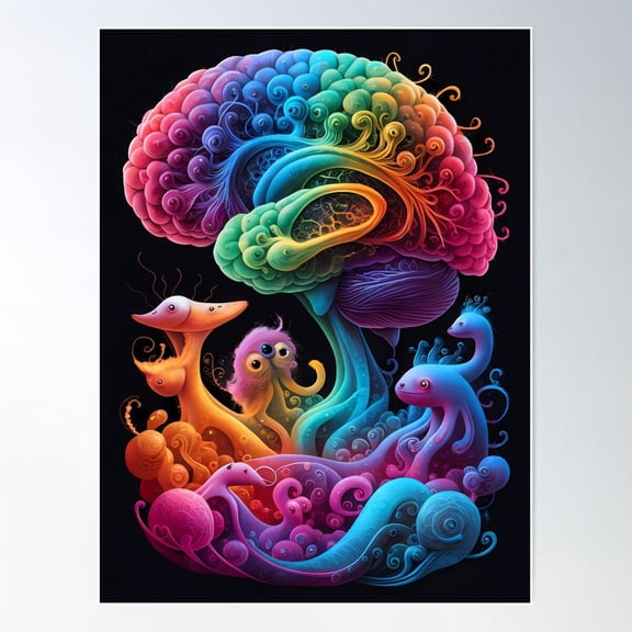 Fantastical Brain Creatures - Vibrant Surreal Rainbow Brain Art Poster Wall Art, Modern Wall Decor For Living Room Bedroom, 8x12 UNFRAMED