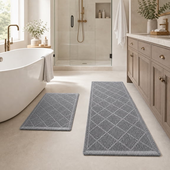 HBK 2 Piece Waffle Bath Mat Set, Non-Slip Bathroom Rugs, Absorbent & Machine Washable Shower Runner, Grey & White, 20 x 47 and 18 x 30 Inches