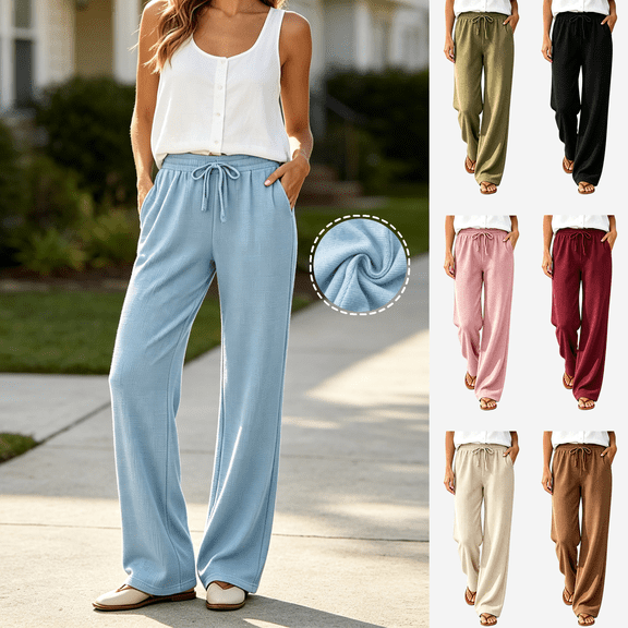 Women's 100% Cotton Solid Loose Fit Drawstring Pants with Pockets, Mid Waisted Elastic Casual Trousers, Lounge Summer Work | VerBelle,Light Blue L