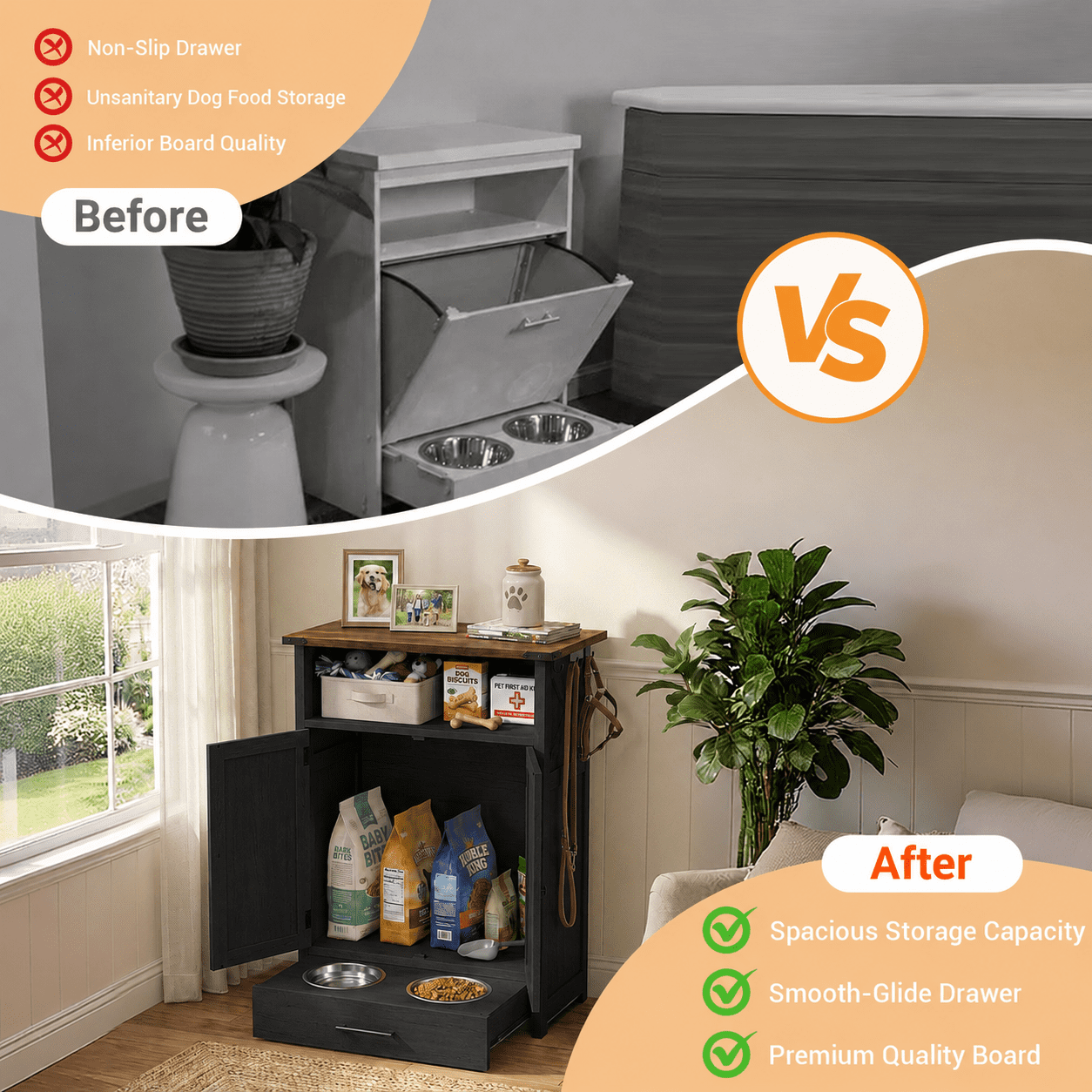 Dog Feeding Station with Storage Cabinet, Pet Feeder Station Cabinet with 3 Side Hooks, Raised 2 Elevated Dog Bowls & Hidden Pull-Out Drawer