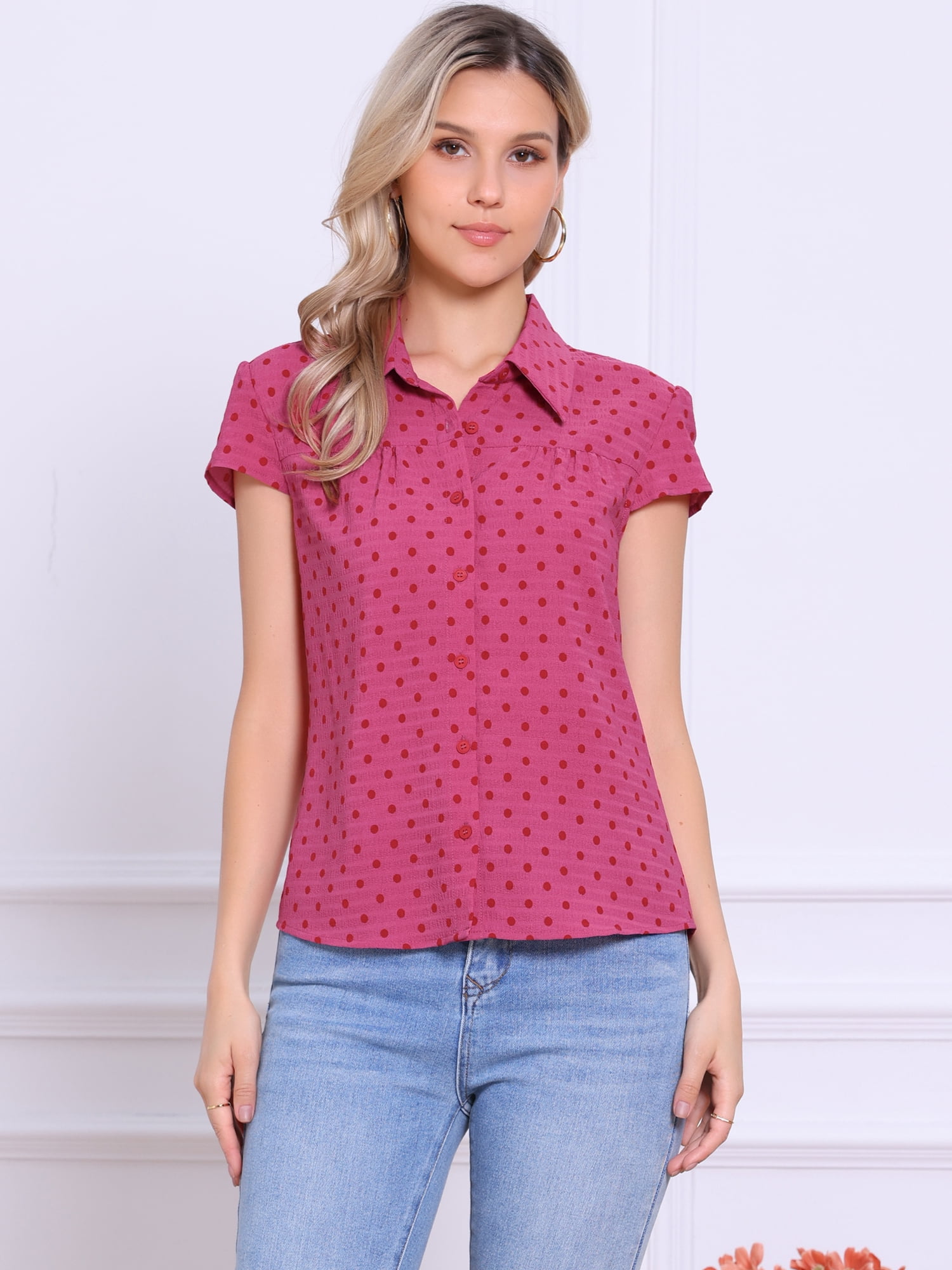 DARING DIVA Women's Polka Dots Shirt Retro Short Sleeve Button Up Top S Hot Pink
