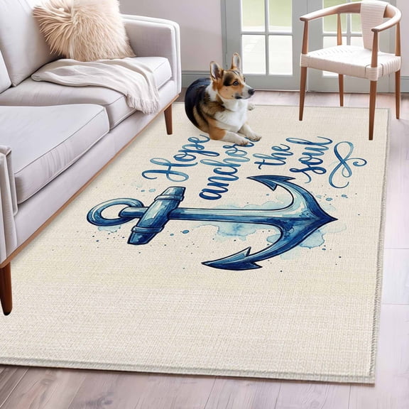 Coastal Nautical Area Rugs 4'x6', Washable Small Throw Rugs for Office Bathroom, Summer Watercolor Anchor Blue Beige Indoor Outdoor Rug Non-Slip Low Pile Carpet Runner Reversible Floor Mats