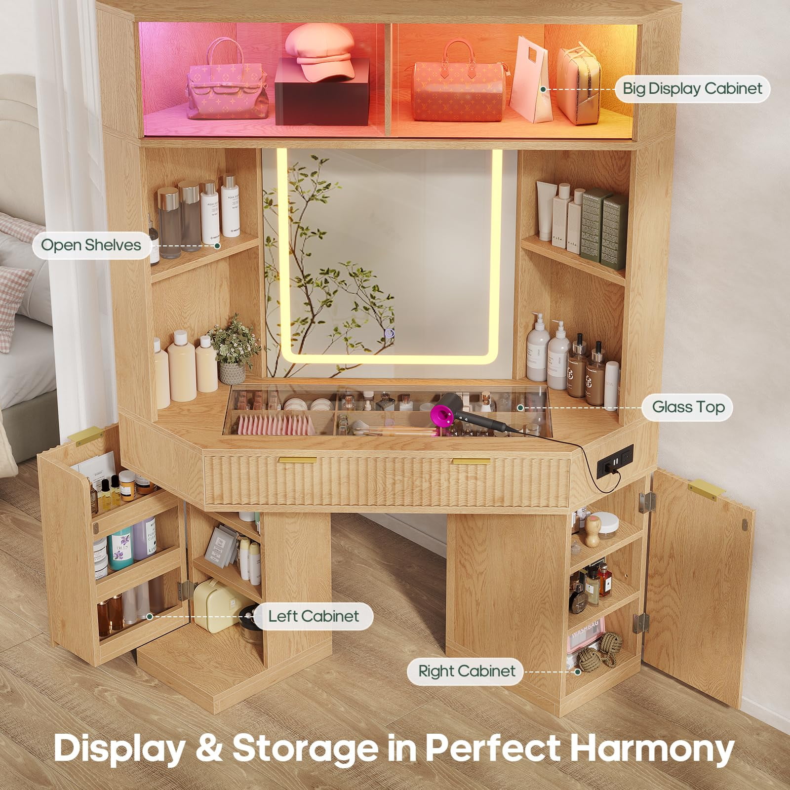 Fluted Vanity Desk With Led Lights Mirror, Luxury Corner Makeup Vanity Desk With Bag Showcase, Big Dressing Table With Glass Top, Cabinets, Shelves, Drawers, Charging Station,Oak