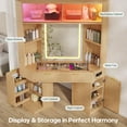 thumbnail image 2 of Fluted Vanity Desk With Led Lights Mirror, Luxury Corner Makeup Vanity Desk With Bag Showcase, Big Dressing Table With Glass Top, Cabinets, Shelves, Drawers, Charging Station,Oak, 2 of 9