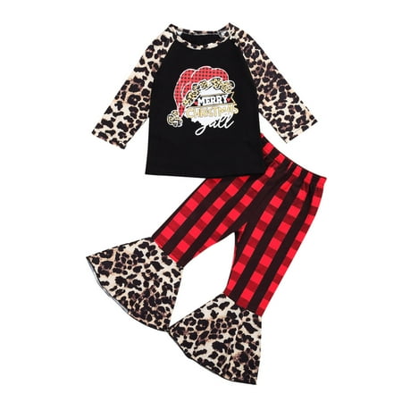 

Frecoccialo Girl s Long Sleeve Santa Claus Patchwork Tops Plaid Flare Pants