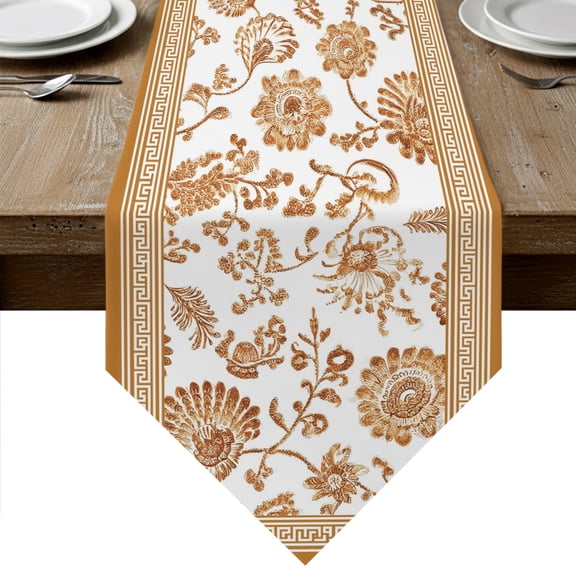 Orange Floral Table Runner Linen Burlap Table Runner 72 Inches Long Vintage Flowers Botanical Farmhouse Greek Key Dresser Scarves for Kitchen Island Coffee Dining Room Party Holiday Decor 18"x72"