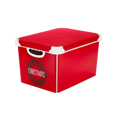 Simplify 7.48 Gallon Christmas Wreath Design Plastic Storage Bin, Holds 60 Ornaments, Red
