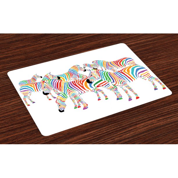 Funny Placemats Set of 4 Colorful Cute Animal Herd with Rainbow Stripes